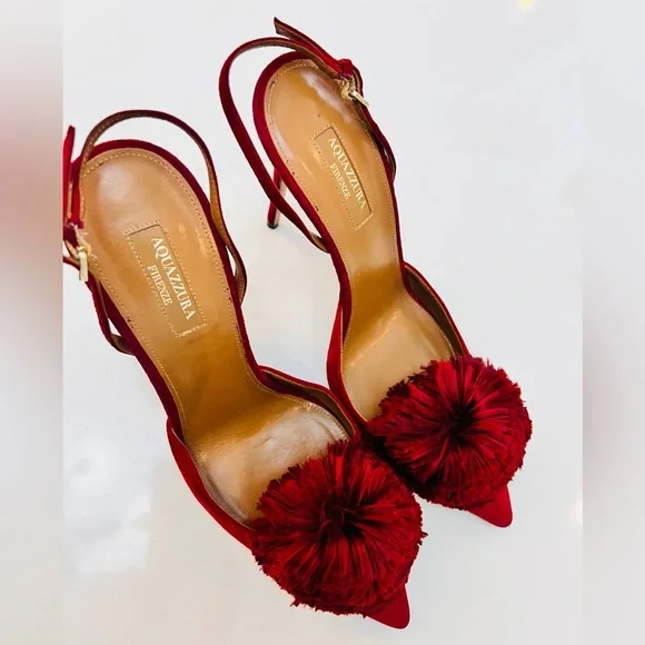 Aquazzura Red Pom Pom Heels - Picture 13 of 14